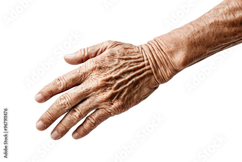 High-quality stock photograph, capturing an aged hand, solitary on a white backdrop, full body view, isolated, centered, showing every wrinkle and line of life lived