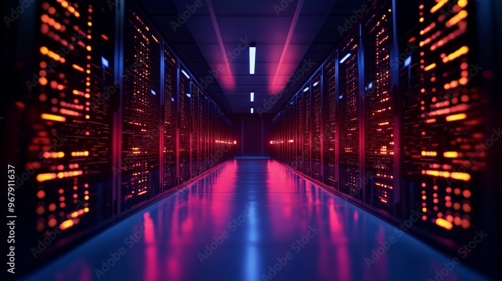 Modern data center with glowing server racks, futuristic technology infrastructure, and vibrant red and blue lighting. Modern data center with glowing server racks, futuristic technology infrastructure, and vibrant red and blue lighting.