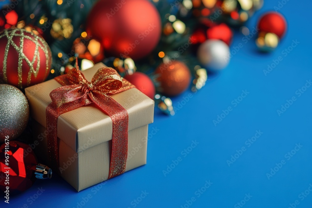 A beautifully wrapped gift box with a red ribbon surrounded by Christmas ornaments on a blue background. Perfect for holiday celebrations. Generated AI A beautifully wrapped gift box with a red ribbon surrounded by Christmas ornaments on a blue background. Perfect for holiday celebrations. Generated AI