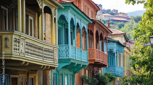 The Old Town of Tbilisi, Georgia, features bright wooden buildings with traditional carved balconies. Sololaki 