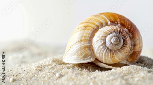 Moon Snail Shell on Sandy Beach Isolated on White Background photo