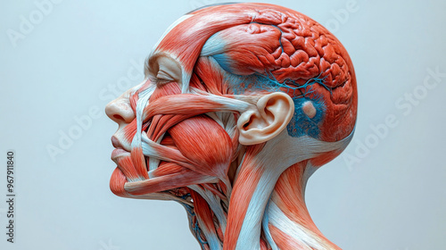 3d rendering of a female head anatomy showing facial muscles and brain structure, perfect for medical and educational projects