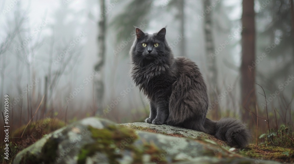 Mysterious Nebelung Cat in a Foggy Forest Mysterious Nebelung Cat in a Foggy Forest