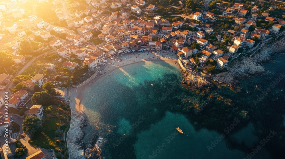 Obraz premium Aerial View of a Coastal Town with a Beach