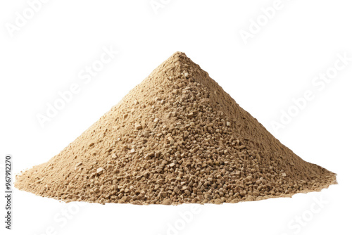 Construction sand pile centered in frame, full body, against a pure white background, natural shadows contouring the pile's texture, high resolution stock photo, intricate detail in grains visible