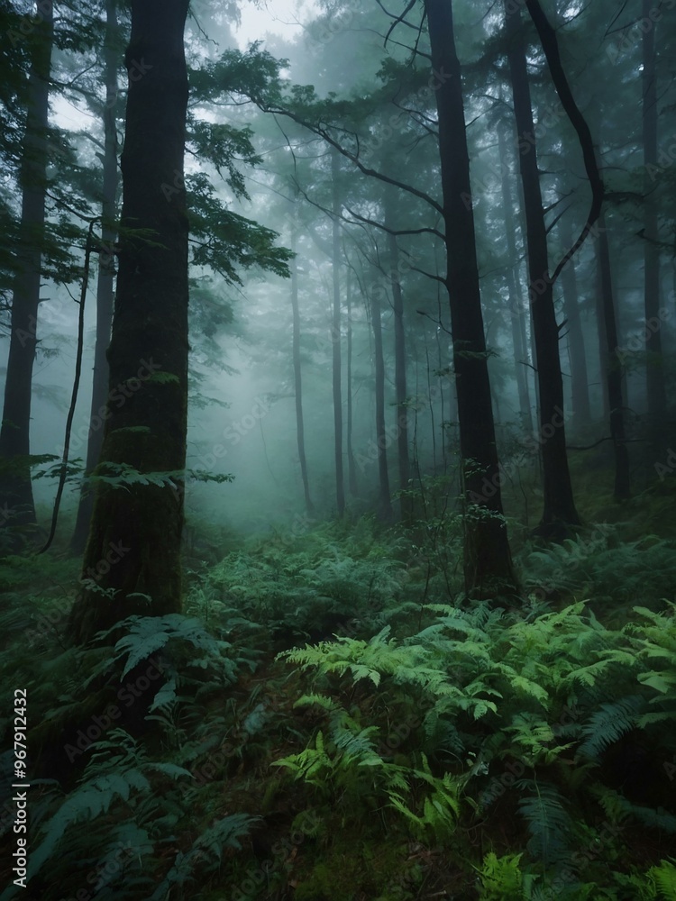 Mystical forest in the mist, featuring green trees and a peaceful atmosphere. Mystical forest in the mist, featuring green trees and a peaceful atmosphere.