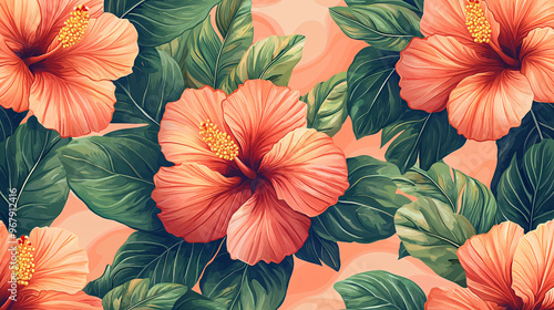 Floral Hibiscus Seamless Illustration with Vibrant Orange Blooms for Artistic Wallpaper