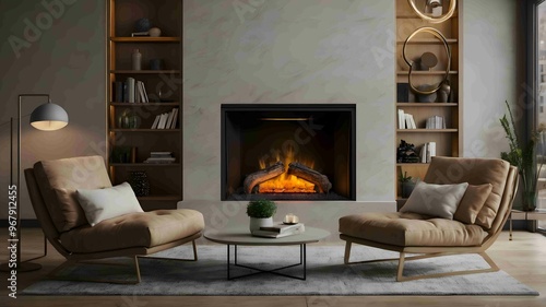 Modern Minimalist Fireplace with Elegant Flames in a Cozy Interior - .Generated AI.