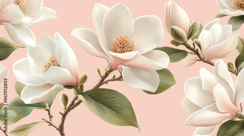 Fototapeta premium Floral Magnolias Seamless Pattern with Delicate White Petals and Green Leaves for Elegant Wallpaper