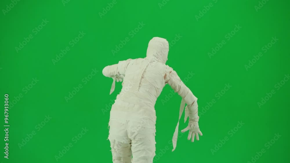 Portrait of person in a mummy bandage on chroma key green screen background. Mummy covered in white cloth ribbons walking with hands up. Back view Portrait of person in a mummy bandage on chroma key green screen background. Mummy covered in white cloth ribbons walking with hands up. Back view