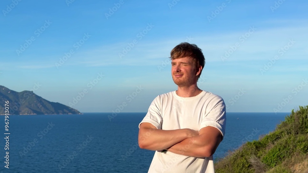 handsome man walks in the mountains, breathes fresh air, enjoys handsome man walks in the mountains, breathes fresh air, enjoys