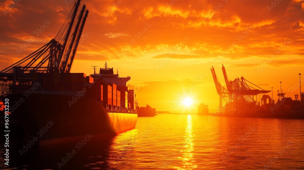 Stunning sunset over a busy shipping port with silhouetted cranes and container ships, reflecting on the calm water. Stunning sunset over a busy shipping port with silhouetted cranes and container ships, reflecting on the calm water.