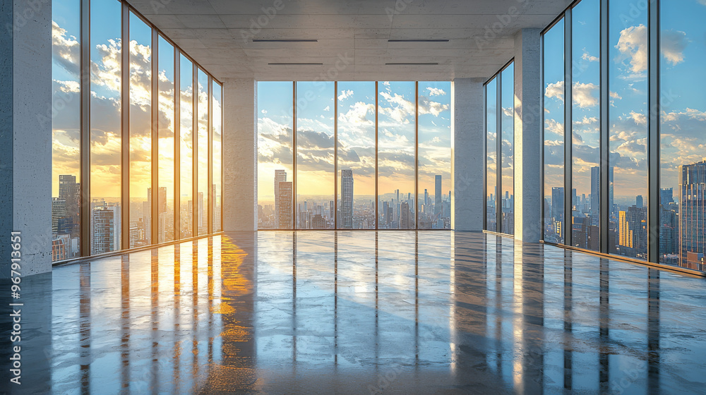 Fototapeta premium Empty office space with large windows overlooking a city skyline at sunset.