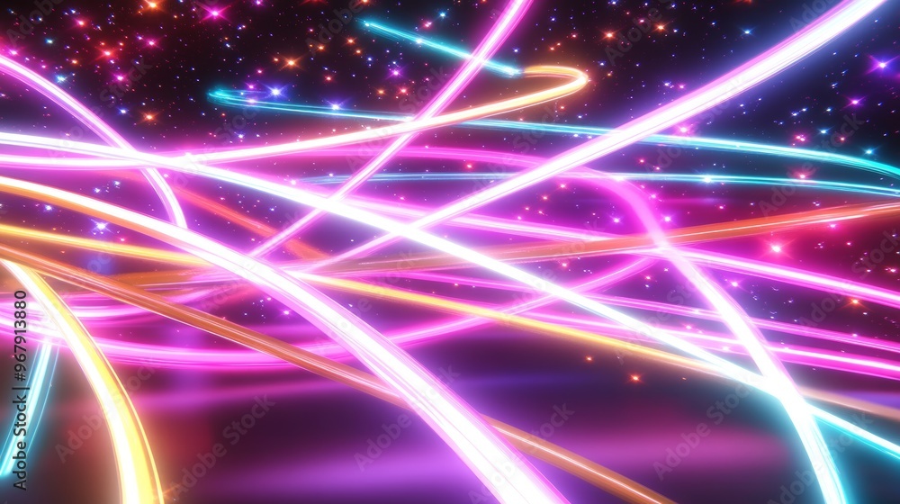Neon light trails in cosmic sky with colorful stars Neon light trails in cosmic sky with colorful stars