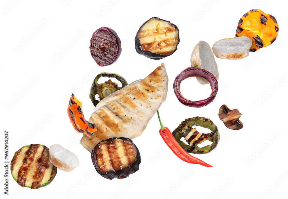 custom made wallpaper toronto digitalGrilled vegetables and chicken in air on white background