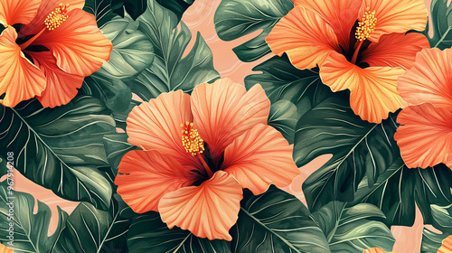 Wallpaper Mural Seamless Hibiscus Pattern with Vibrant Orange Blooms and Green Leaves for Tropical Wallpaper Torontodigital.ca