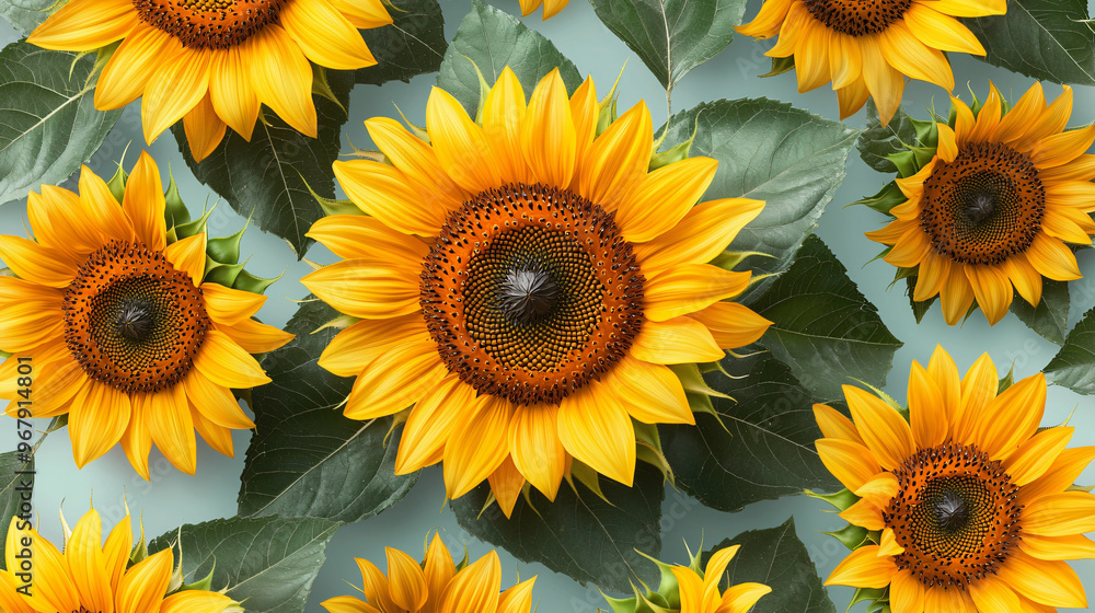 Seamless Pattern of Sunflowers with Bright Yellow Petals and Green Leaves for Decorative Art Seamless Pattern of Sunflowers with Bright Yellow Petals and Green Leaves for Decorative Art