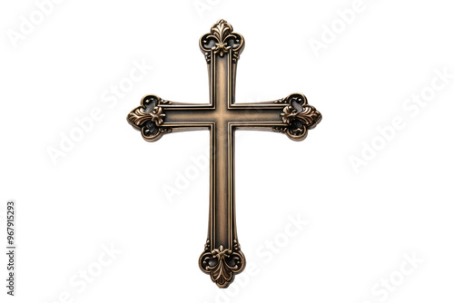 Wallpaper Mural Single flat bronze metal cross, centered, full-body isolation against a pristine white background, high-resolution stock photography, emphasis on texture and reflective qualities of metal Torontodigital.ca