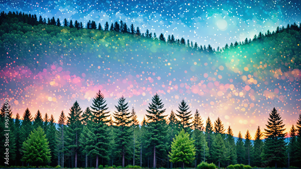 Majestic Pine Forest Under Starry Night Sky with Vibrant Nebula Colors ...