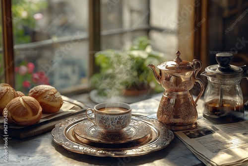 Coffee Pot (Cezve), Coffee, Turkish Coffee Cup (Turk Kahvesi) and Coffee Beans Photo, Colorful Eid Mubarak Candy and Chocolate Uskudar, Istanbul, Turkiye (Turkey) photo