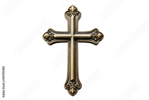 Wallpaper Mural Single flat bronze metal cross, centered, full-body isolation against a pristine white background, high-resolution stock photography, emphasis on texture and reflective qualities of metal Torontodigital.ca