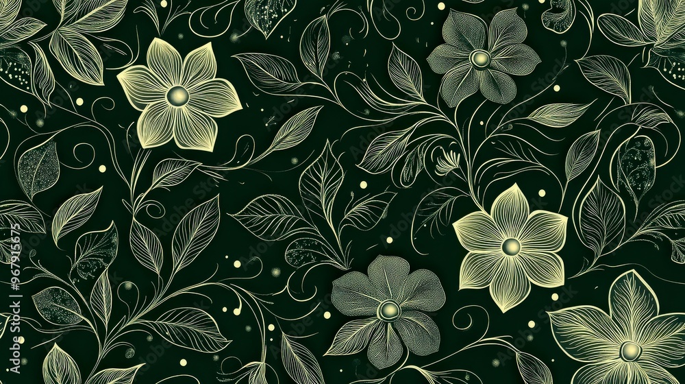 Seamless Floral Decorative Pattern on Deep Green Background Seamless Floral Decorative Pattern on Deep Green Background