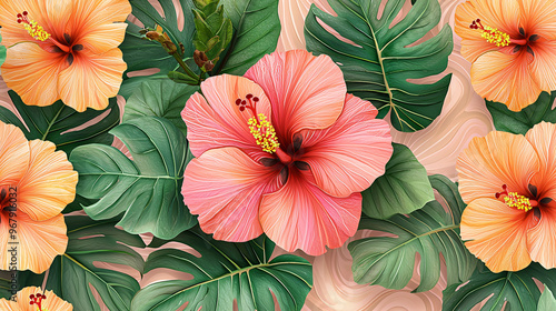 Wallpaper Mural Vintage Hibiscus Floral Pattern with Bright Orange Flowers and Tropical Green Leaves for Wallpaper Torontodigital.ca