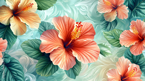 Wallpaper Mural Vintage Hibiscus Seamless Pattern Featuring Bright Orange Blooms and Lush Green Foliage Torontodigital.ca