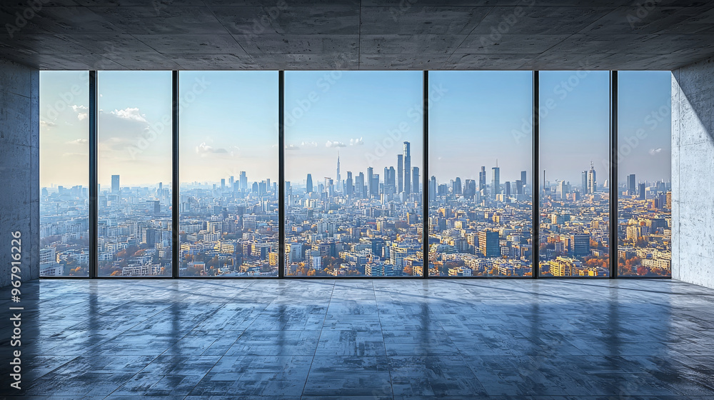 Fototapeta premium Empty room with a view of the city skyline.