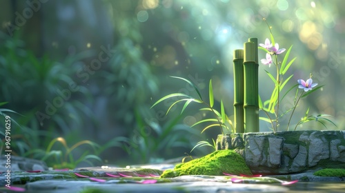 A serene and peaceful scene of two bamboo plants with pink flowers in between