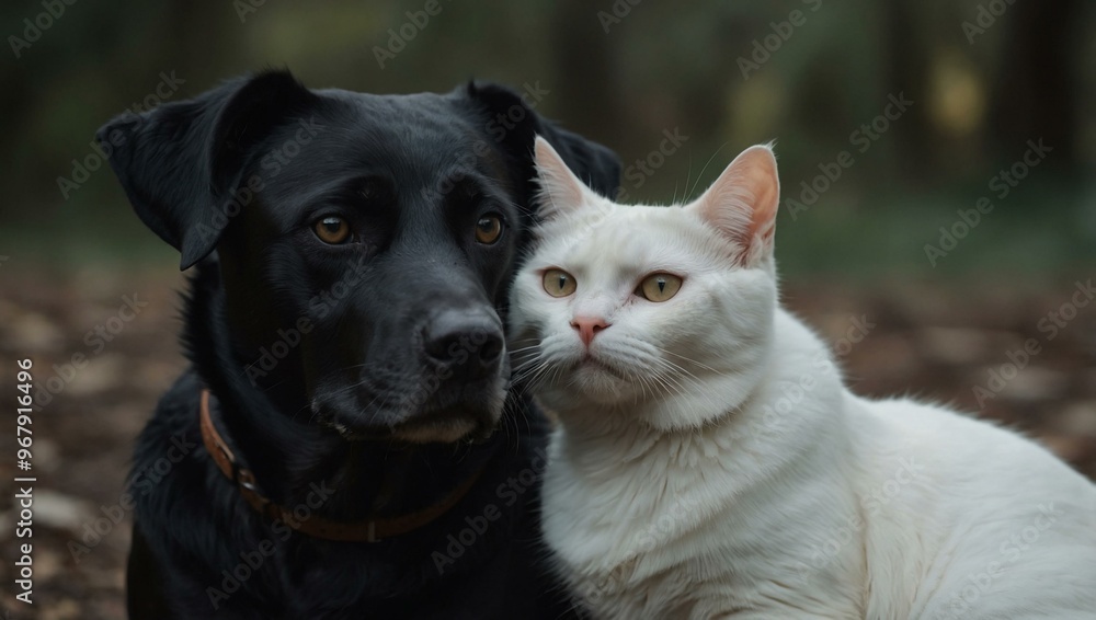 Portrait of a black dog and a white cat, side by side, with their heads tilted in unison. Portrait of a black dog and a white cat, side by side, with their heads tilted in unison.