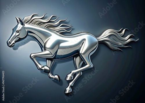 Stylized running horse with car logo integrated into its mane and body flowing through the landscape majestically emotional majestic modern sleek silver metallic adventurous freedom photo