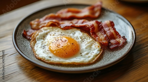 a classic breakfast dish of sunny-side-up eggs and crispy bacon, served on a vintage plate in a cozy dining room with a warm atmosphere photo