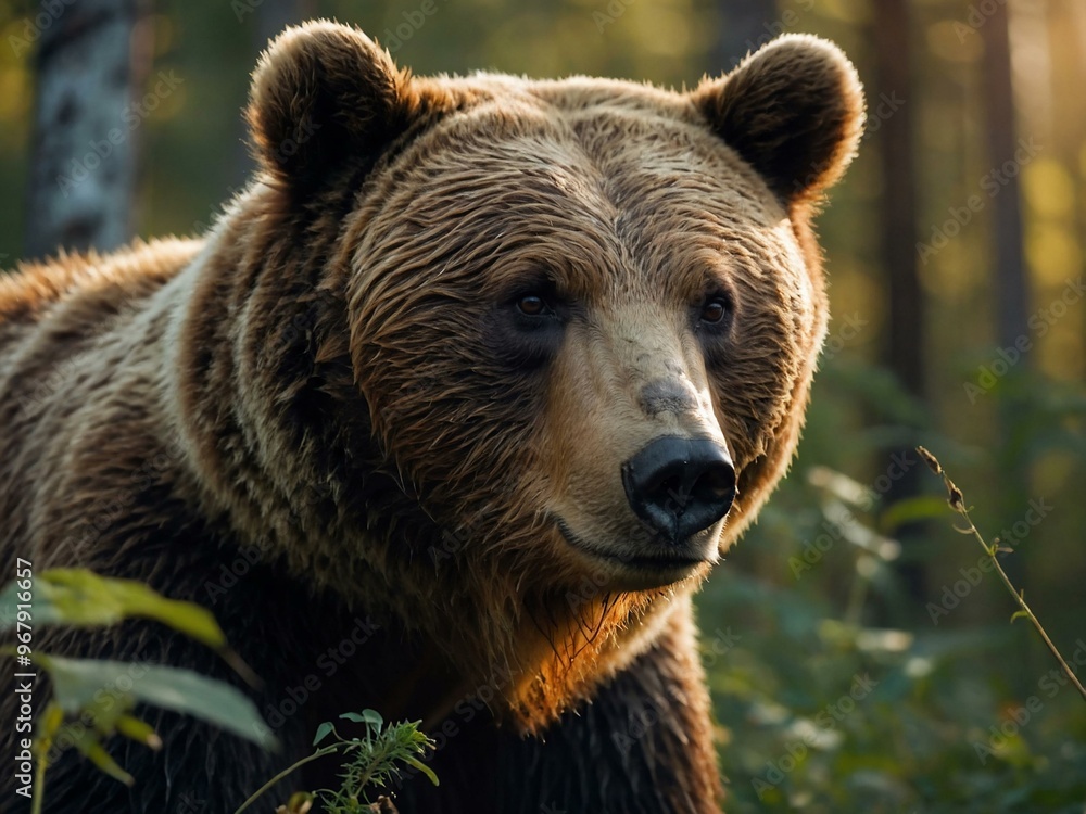 Portrait of a female bear in a summer forest during sunset. Portrait of a female bear in a summer forest during sunset.