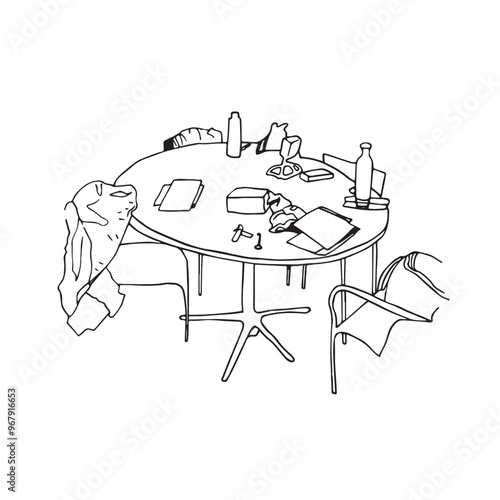 Esquisse d'une table et de chaises en désordre avec effets personnels, bouteille, livres, stylo, boîte, documents. Dessin à la main à l'encre noir, minimaliste.