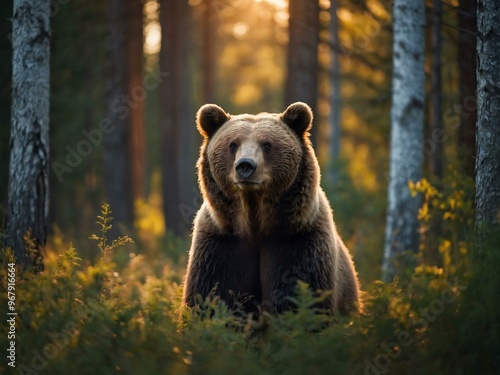 Portrait of a female bear in a summer forest during sunset.