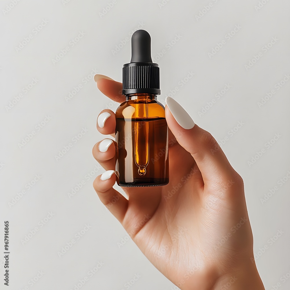 Hand holding a brown glass dropper bottle. Hand holding a brown glass dropper bottle.