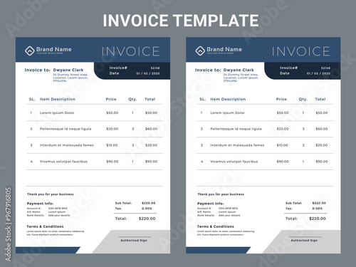 Corporate Invoice template design minimal and professional payment agreement form money accounting tax page. clean invoice, simple invoice document