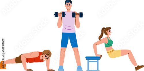 plank fitness exercises arm vector. pullup press, extension flex, stretch lift plank fitness exercises arm character. people flat cartoon illustration