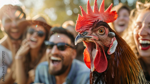 A group of friends taking turns impersonating animals, with one pretending to be a chicken and others laughing uncontrollably.