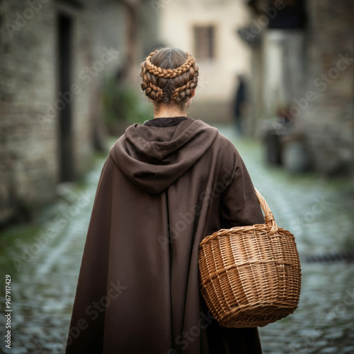 Back view of a medieval woman with a basket walking