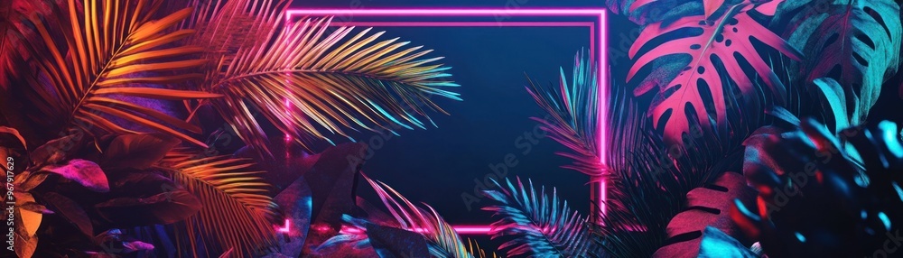 Neon Pink Frame Surrounding Tropical Leaves Neon Pink Frame Surrounding Tropical Leaves