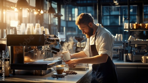 Barista Making Coffee with Espresso Machine and Latte Art