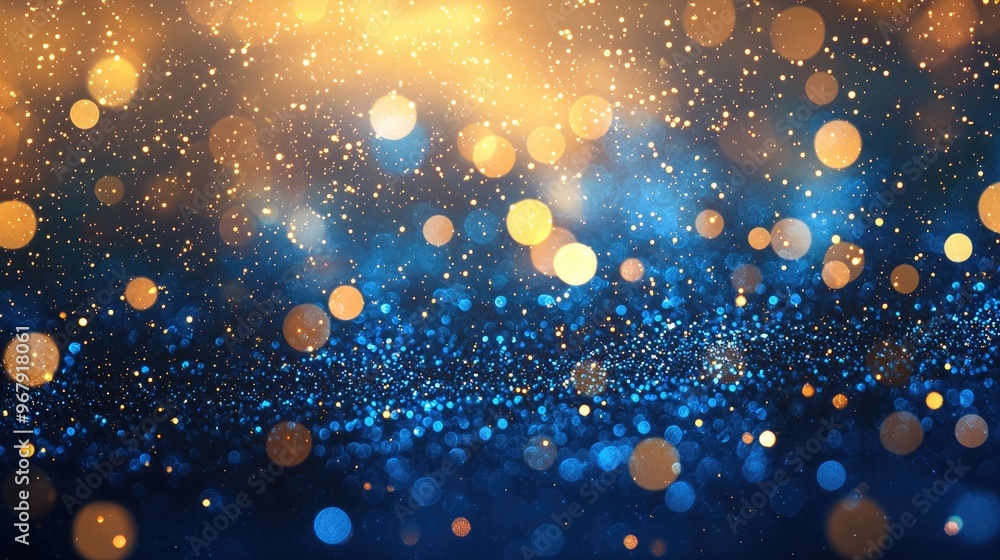 Abstract blue and gold light bokeh background with glow effect, night lights and stars for luxury christmas or new year celebration concept design Abstract blue and gold light bokeh background with glow effect, night lights and stars for luxury christmas or new year celebration concept design