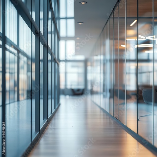 The beautifully blurred modern office interior with floor-to-ceiling windows and soft ambient lighting