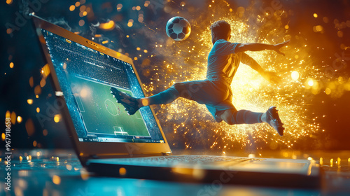 Virtual Victory: Football Player Kicks Through Laptop in a Thrilling Online Sports Gambling Experience