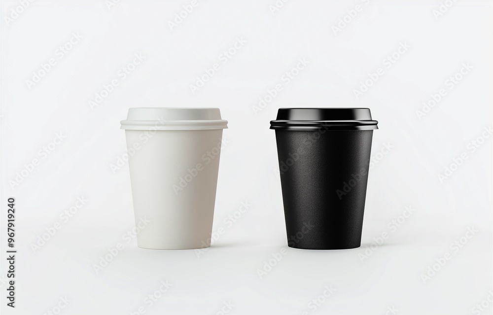 Blank black and white disposable paper cup with plastic lid mockup, isolated, 3D rendering. Empty polystyrene coffee drinking mug mockup, front view. Clear plain tea takeaway package design template. Blank black and white disposable paper cup with plastic lid mockup, isolated, 3D rendering. Empty polystyrene coffee drinking mug mockup, front view. Clear plain tea takeaway package design template.