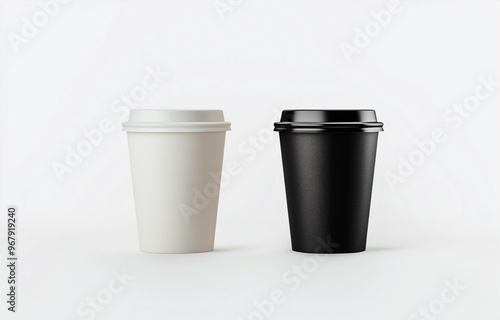 Blank black and white disposable paper cup with plastic lid mockup, isolated, 3D rendering. Empty polystyrene coffee drinking mug mockup, front view. Clear plain tea takeaway package design template.