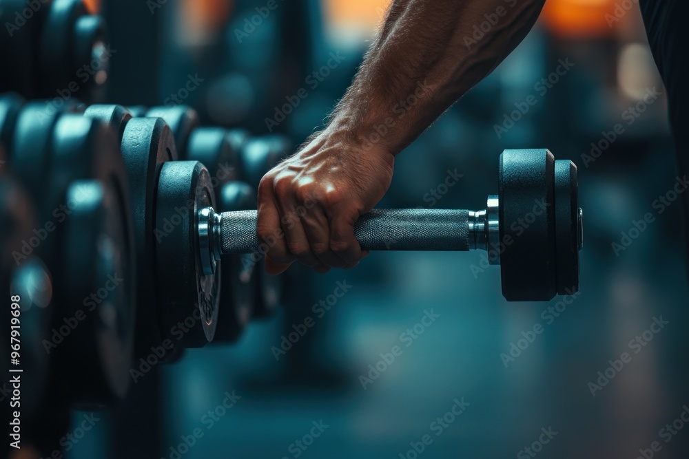 Fototapeta premium Close-up of a Hand Lifting a Dumbbell in a Gym