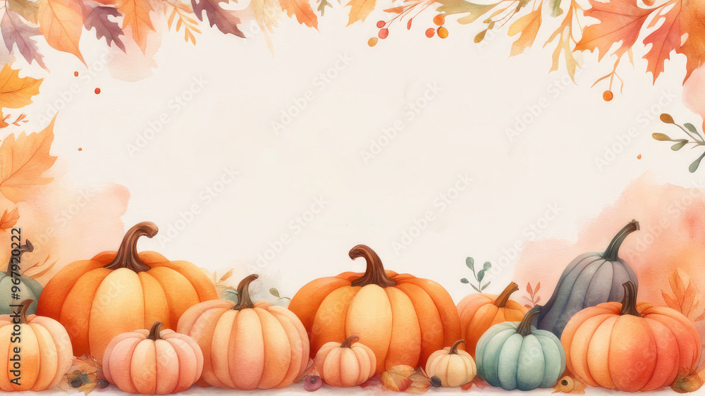 Naklejka premium Fall season frame background with cute white pumpkins, fall leaves and berries.
